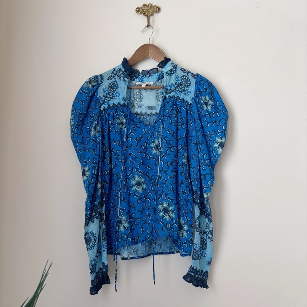 Love The Label Blue Floral Puff Sleeve Cotton Blouse XS